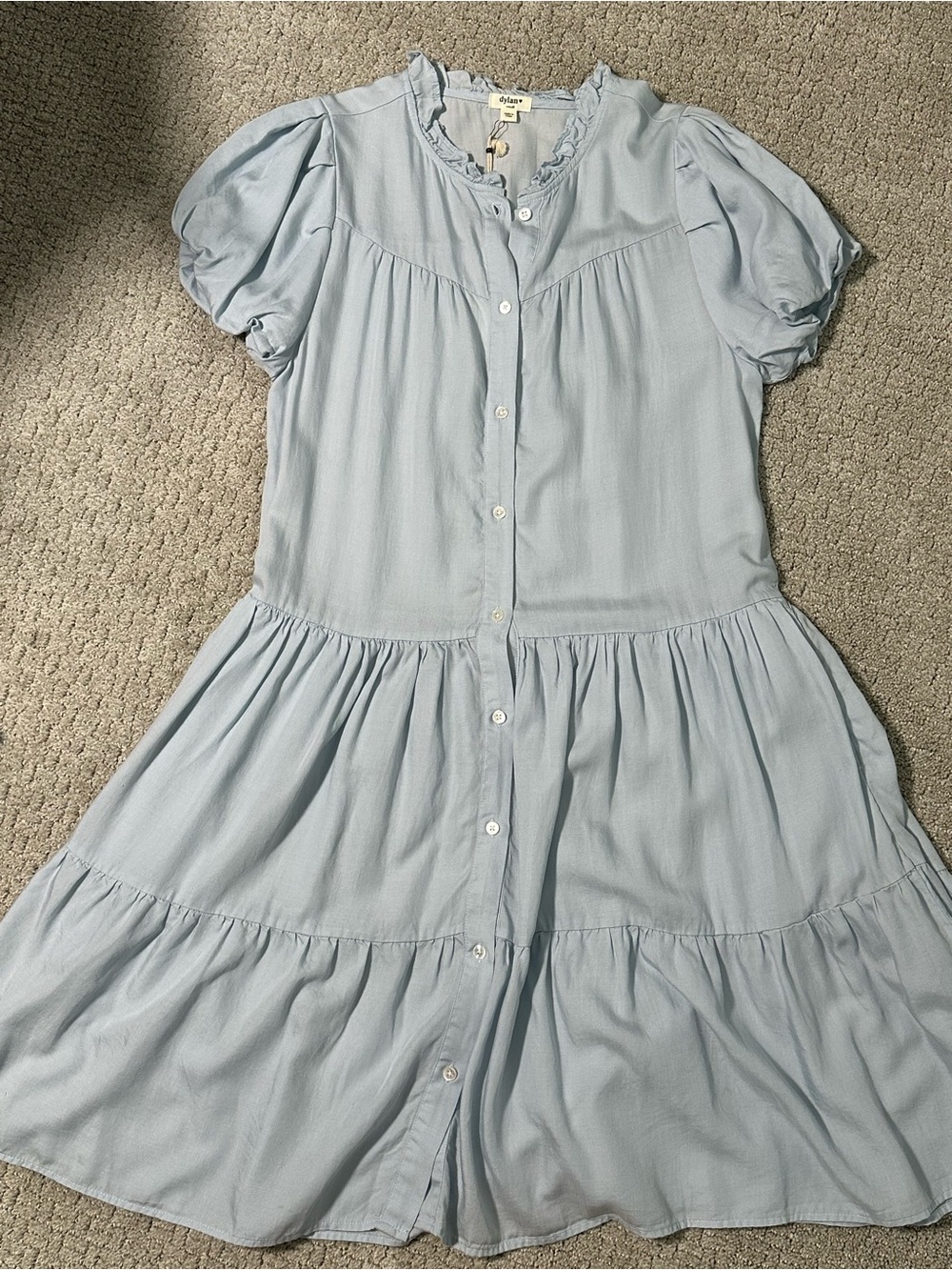 Dylan Los Angeles Blue Tiered Puff Sleeve Dress With Pockets NWT Size Small - Picture 5 of 8